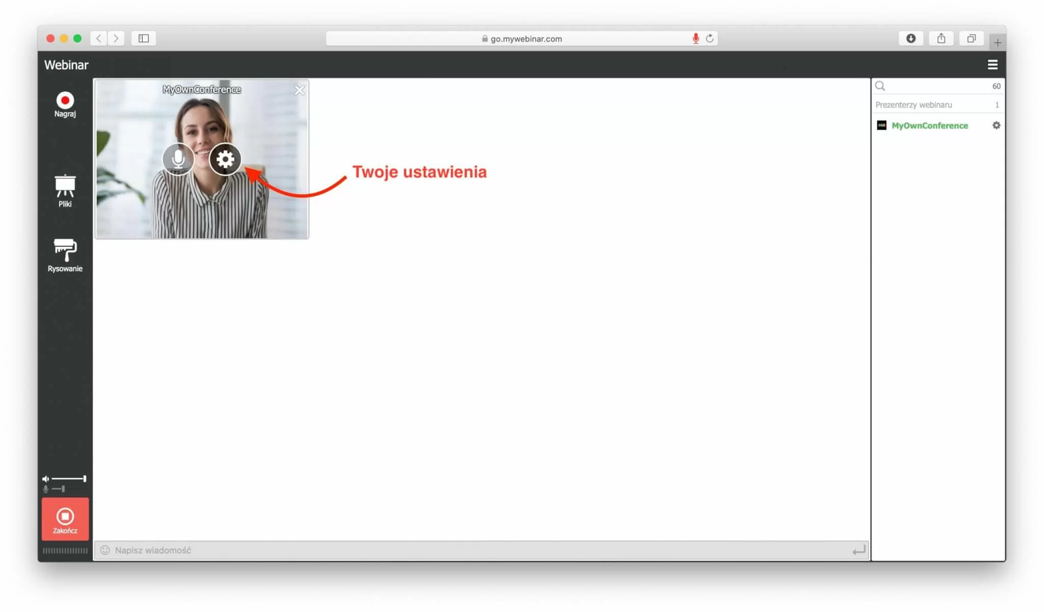 Ustawienia kamery i mikrofonu w pokoju webinarowym