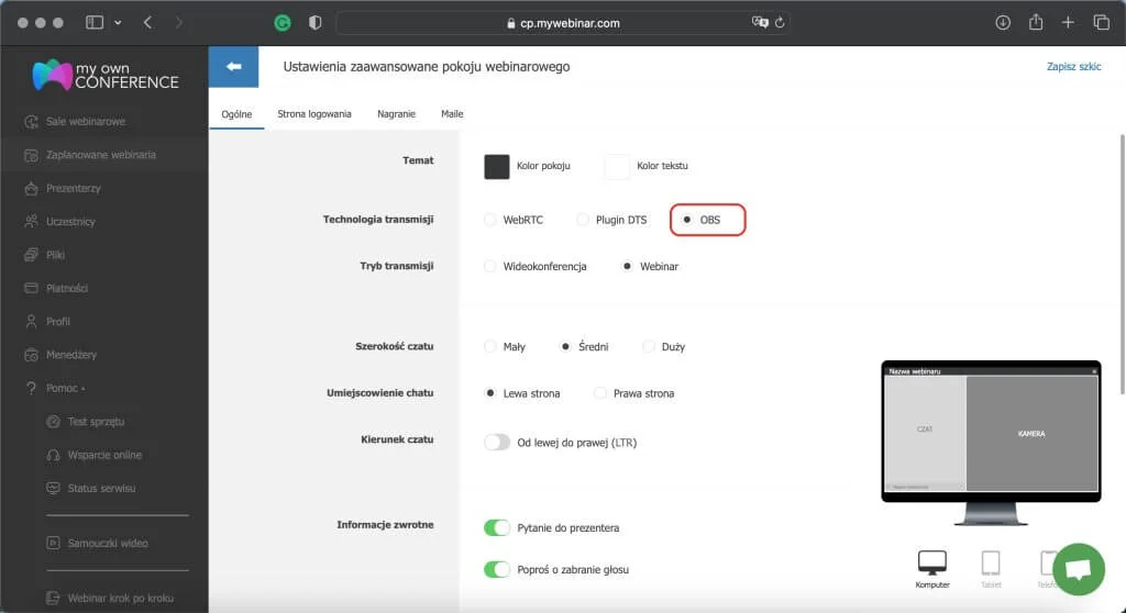 Ustawienia ogólne pokoju webinarowego