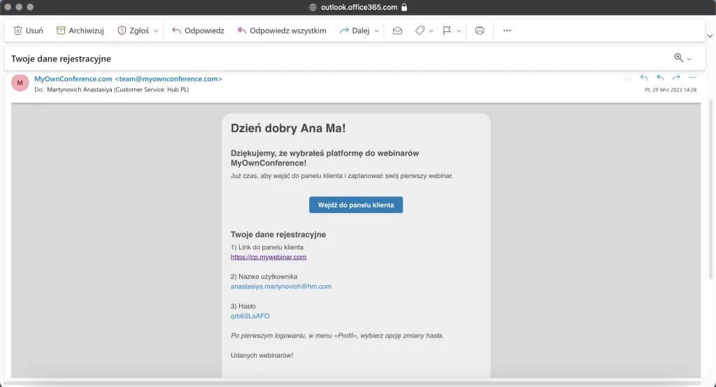 List Twoje dane rejestracyjne