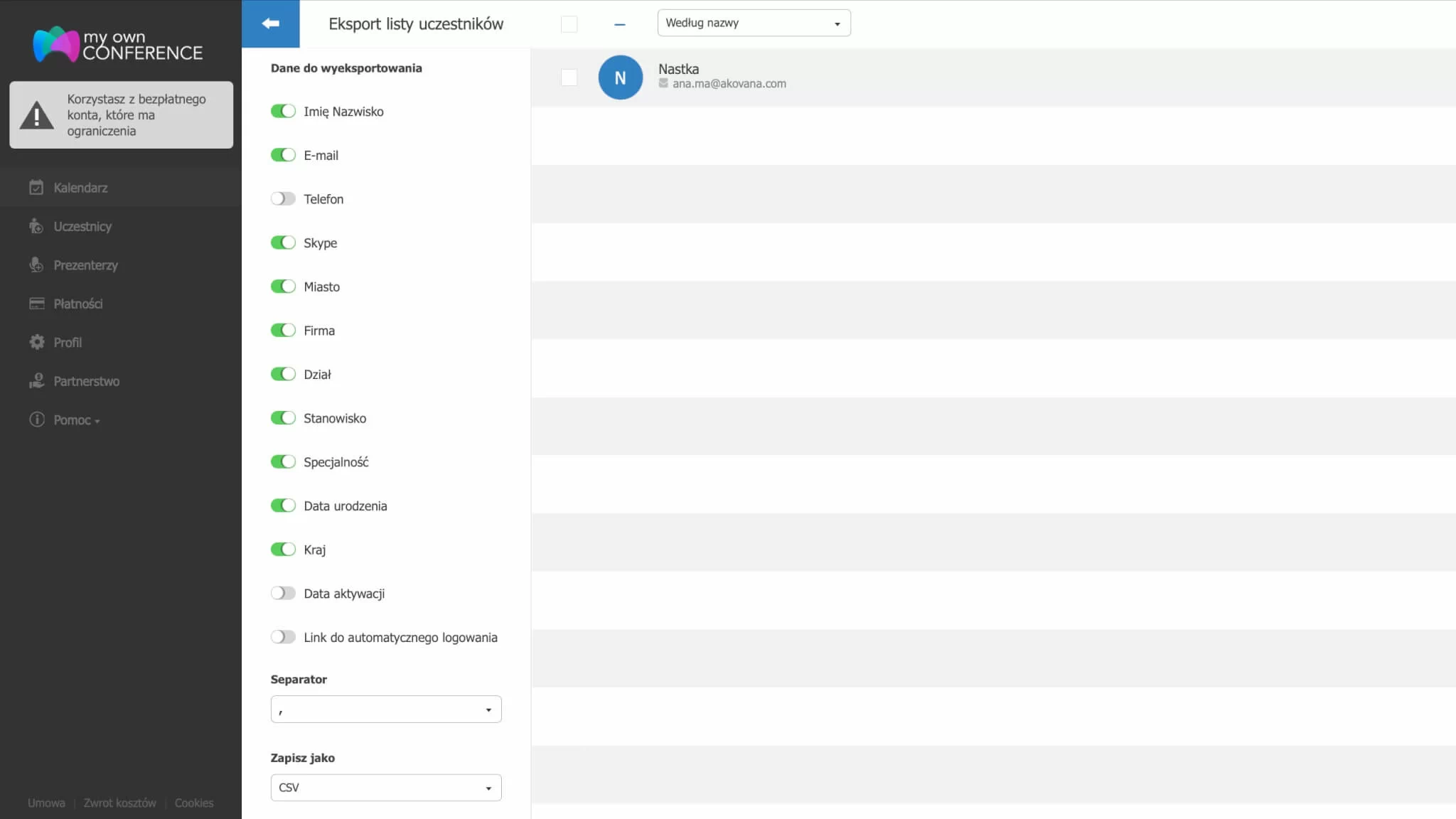 Export listy uczestników
