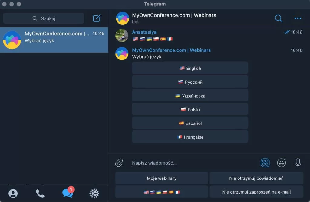 Telegram bot- wybór języka