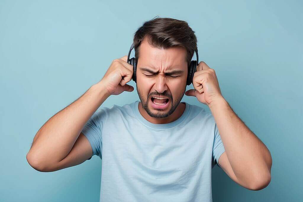 Opóźnienie dźwięku? Twój profesjonalizm może na tym ucierpieć Mężczyzna w słuchawkach z niezadowoloną miną próbuje naprawić opóźnienie dźwięku, co pokazuje typowe problemy techniczne na webinarze