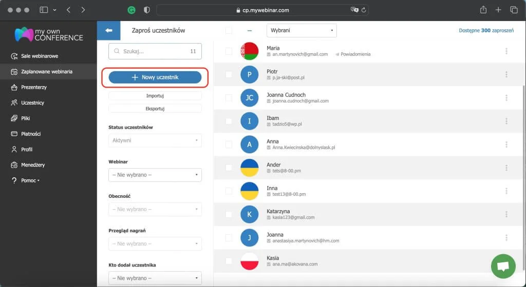 Dodawanie nowego uczestnika