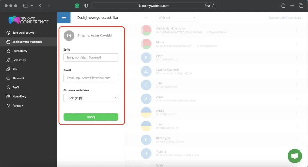 Dodawanie uczestnika - adres mailowy