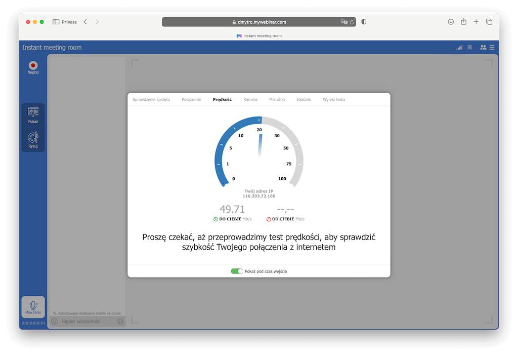 Wykonywanie testu prędkości internetu przed rozpoczęciem spotkania online