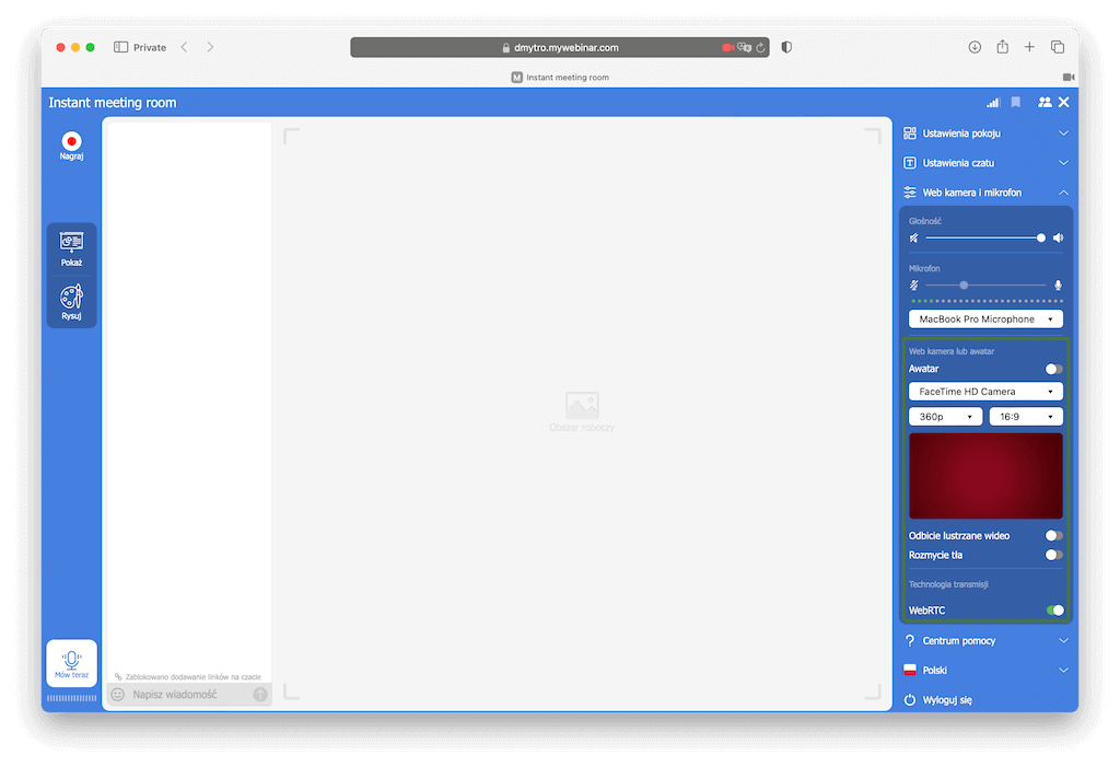 Ustawienia pokoju webinarowego z opcją zmniejszenia jakości kamery