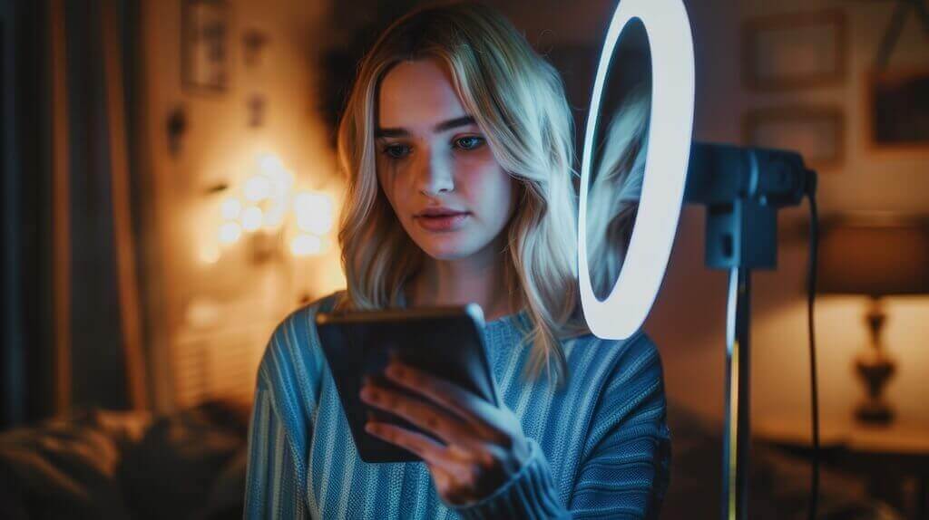 Miękkie światło z boku do wygodnego webinaru Blondynka z telefonem prowadzi webinar przy bocznym miękkim oświetleniu z lampy pierścieniowej