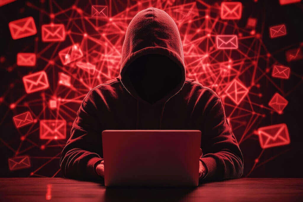 Так виглядає справжній спамер, на відміну від тих, хто грає за правилами поштових сервісів Анонімна постать за ноутбуком на тлі спам-розсилки це і є уособлення порушника правил електронної пошти