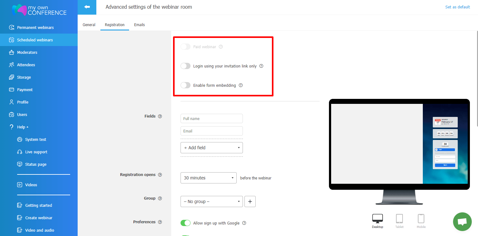 Загальні налаштування автовебінару Сторінка входу