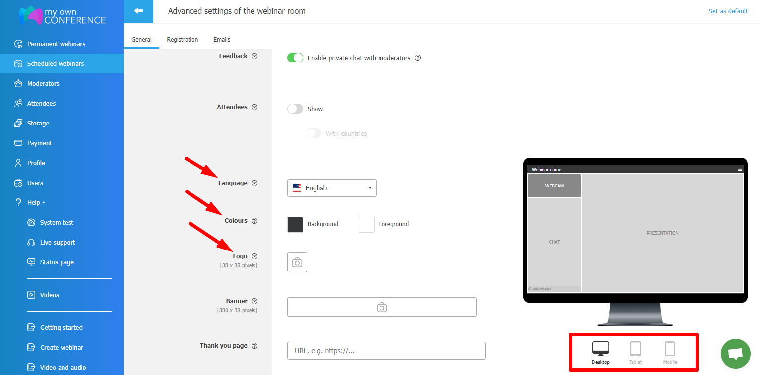 Налаштування дизайну кімнати для автовебінару Загальні налаштування автовебінару