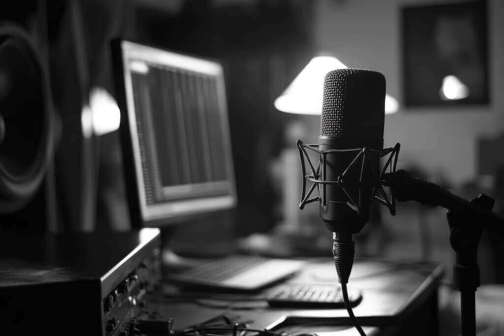Підготовка обладнання та перевірка звуку як основа якісного онлайн-ефіру Професійний мікрофон перед монітором у студії як символ важливості перевірки технічної якості перед вебінаром