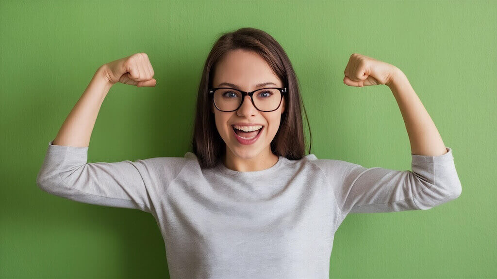 Впевненість ведучого як ключовий елемент успішного онлайн-виступу Усміхнена жінка демонструє впевненість, тримаючи руки в жесті сили на фоні зеленої стіни