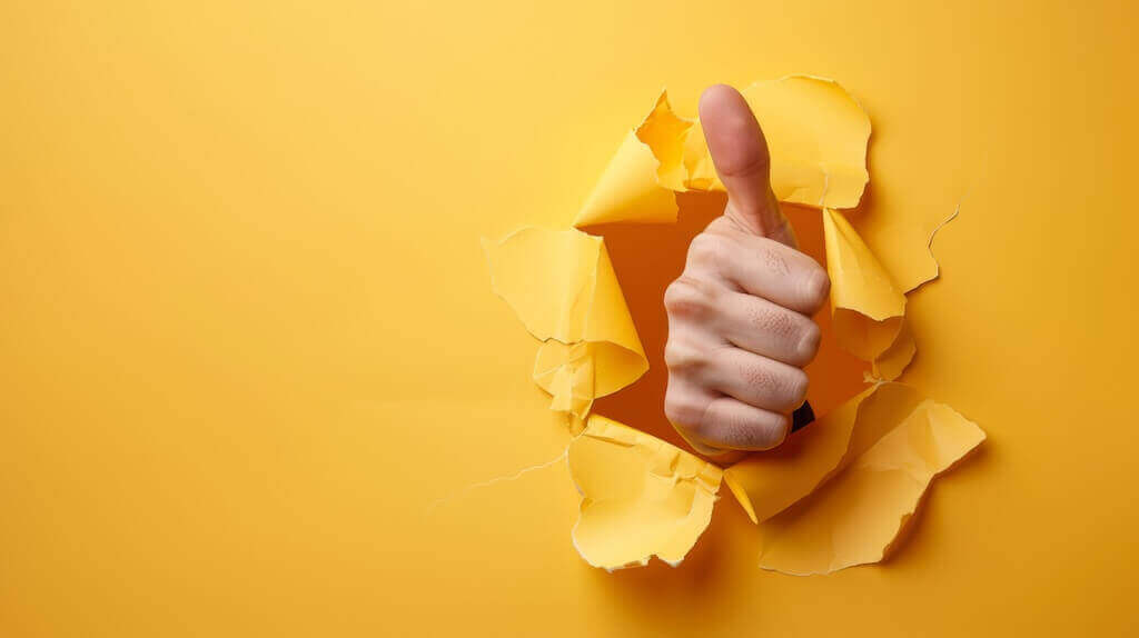 Проведення опитувань до вебінару та після нього як спосіб оцінити результат і залучити аудиторію Палець угору, що показується крізь порваний папір, як символ позитивної оцінки після проведення опитування