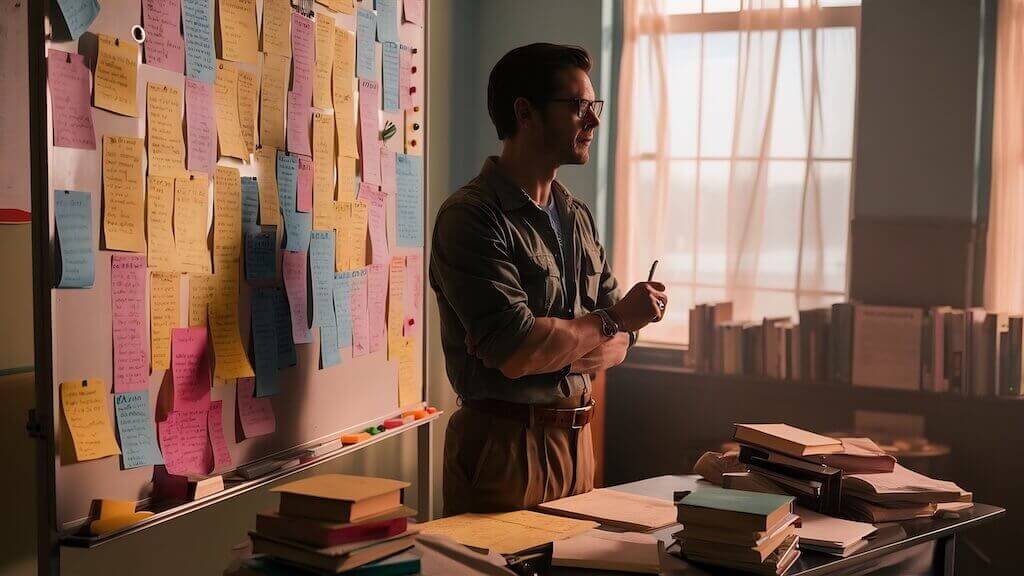 Підготовка ведучого до ефіру з вивченням функцій платформи та сценарію вебінару Ведучий готується до вебінару, вивчаючи нотатки на дошці з підказками та планами