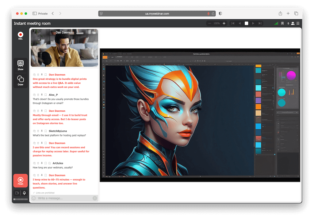 Künstler:in leitet ein Live-Webinar und präsentiert Werke online vor kreativem Publikum