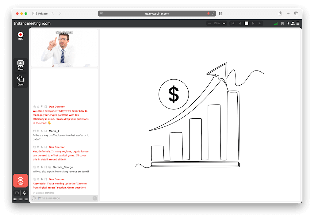 Ein Finanzberater hält ein professionelles Webinar zu Steueroptimierung und Anlageberatung