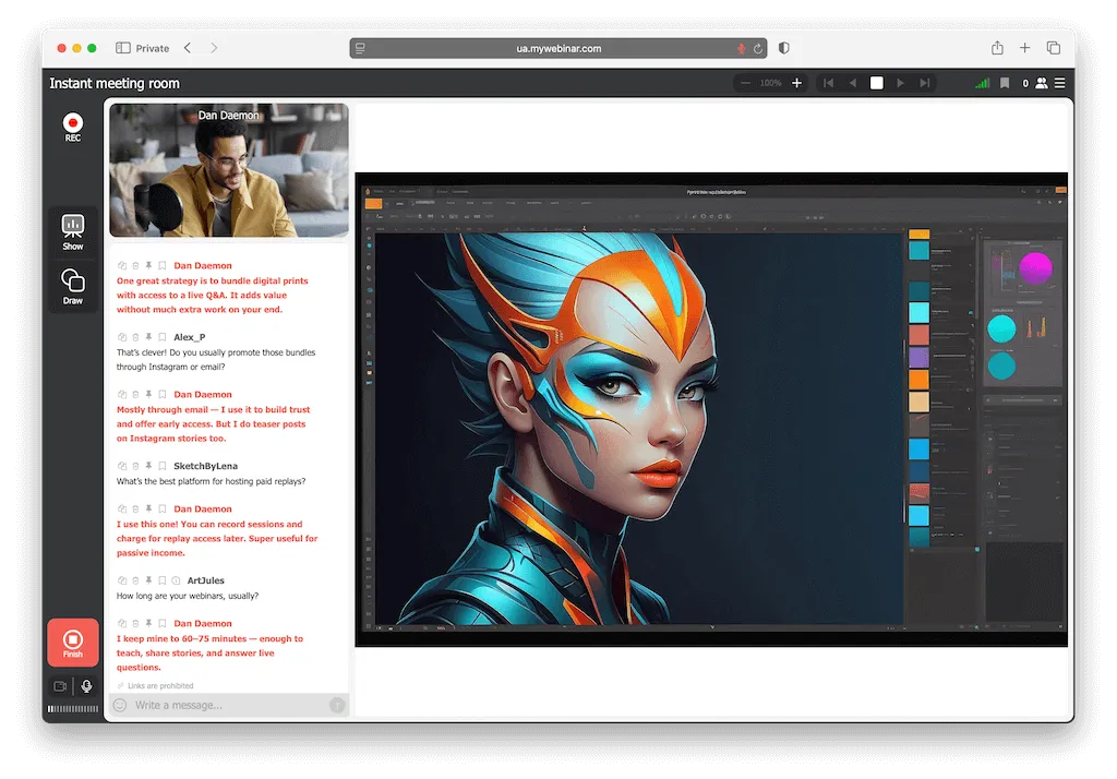 Una artista enseña su técnica en un webinario en directo mientras presenta su obra a personas conectadas desde distintos lugares