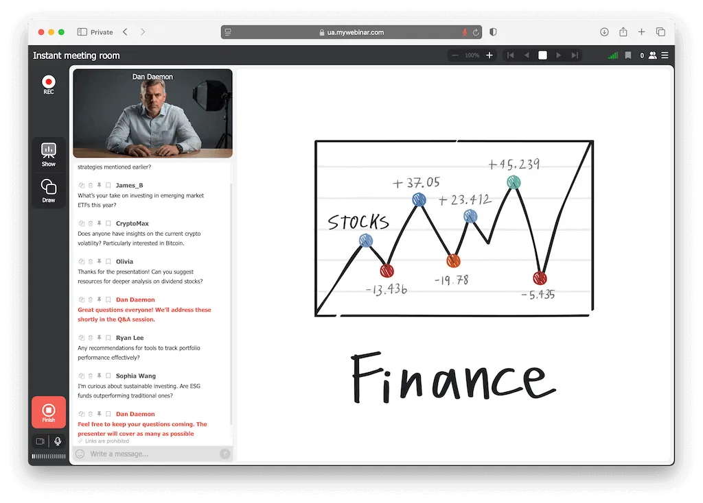 Inversores debatiendo sobre el mercado financiero y estrategias de inversión en un webinario