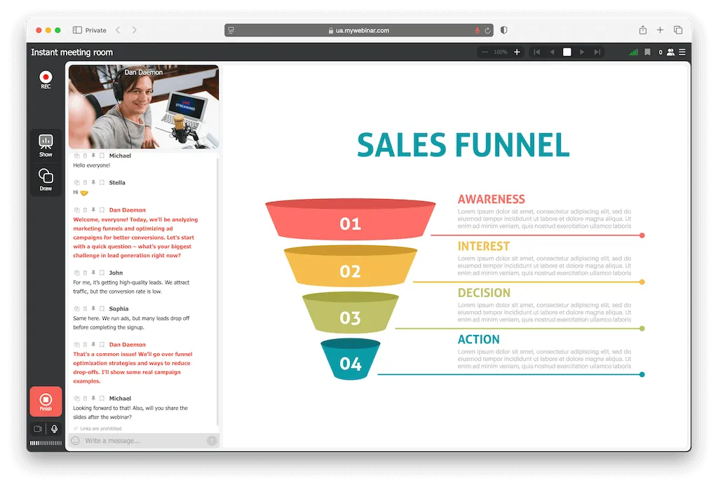 Webinario en línea para especialistas en marketing - discusión sobre estrategias, canales de captación y análisis de tráfico