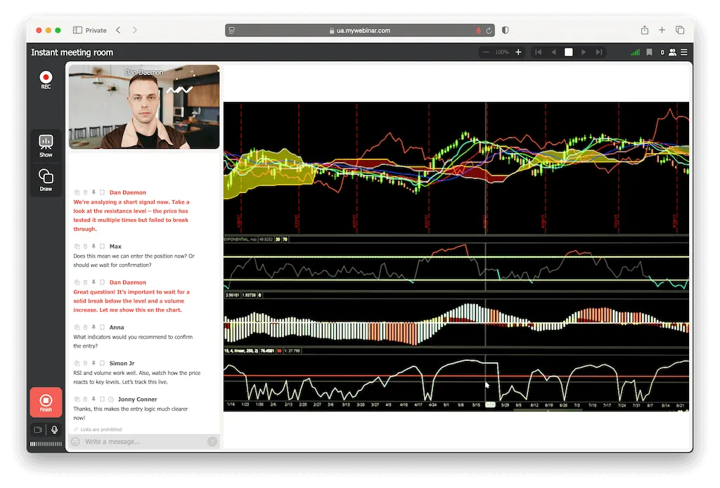 Webinario online para traders - transmisión segura de pantalla y análisis de gráficos en tiempo real