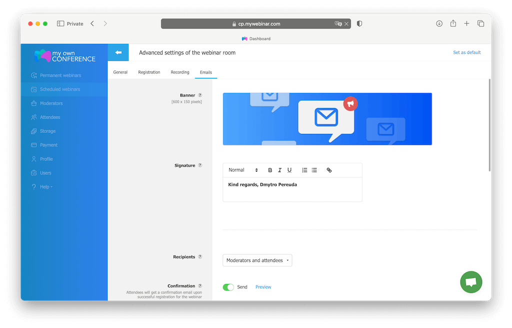 Deliver timely webinar reminders with custom emails.