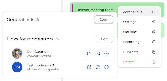 Webinar platform interface showing how to view and copy moderator access links and settings