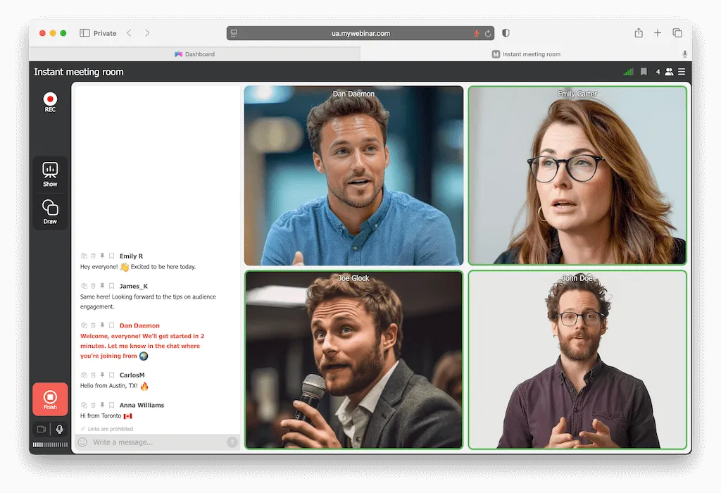 Dostarczaj angażujące treści z udziałem do 10 prelegentów, oferujących różnorodne perspektywy podczas webinaru